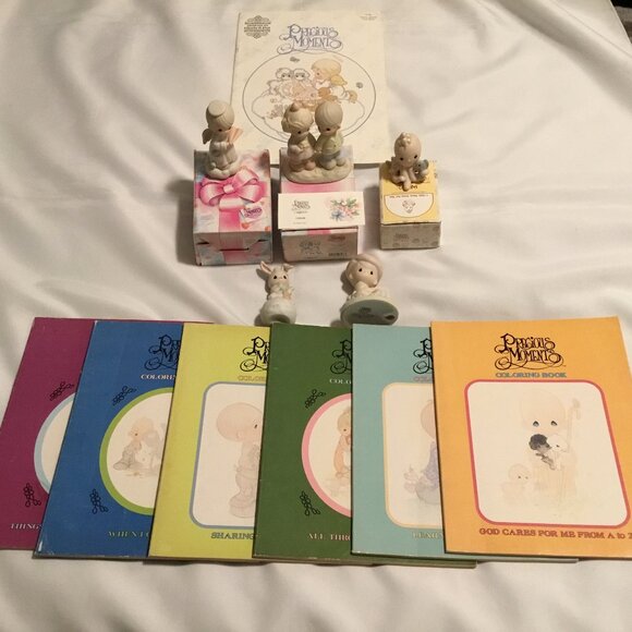 Lot of 5 Precious Moments Porcelain Figurines Enesco, 6 Color Books, 1 X Stich - Picture 1 of 10